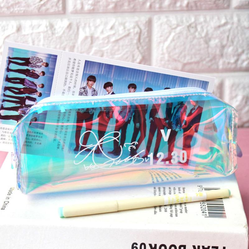 Bts Pencil Case Stationery Box Laser Transparent Large Capacity Primary School Universal Storage Bag