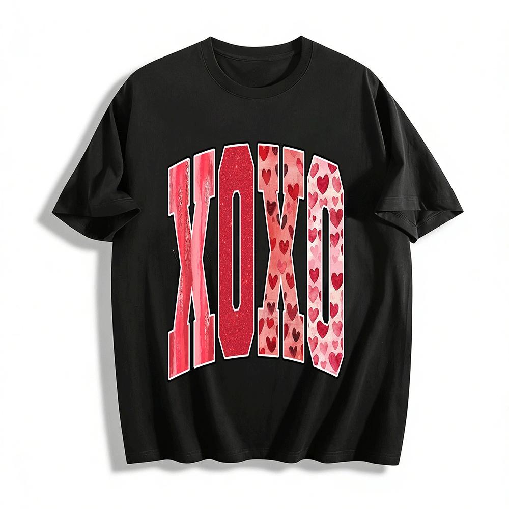 Valentine s Day XOXO Heart Print Casual Crew Neck T-Shirt Pure cotton T-shirt XXS