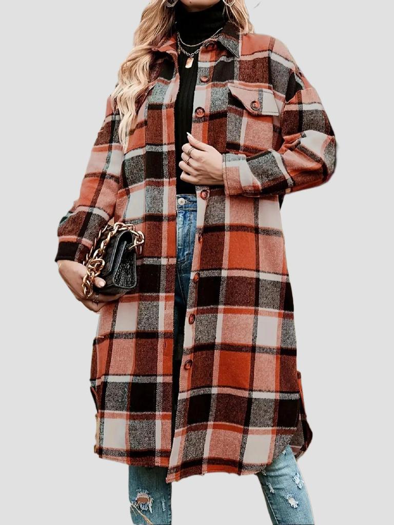 Women's Mid-Length Plaid Long Sleeve Loose Woolen Coat for Autumn/Winter, Plus Size