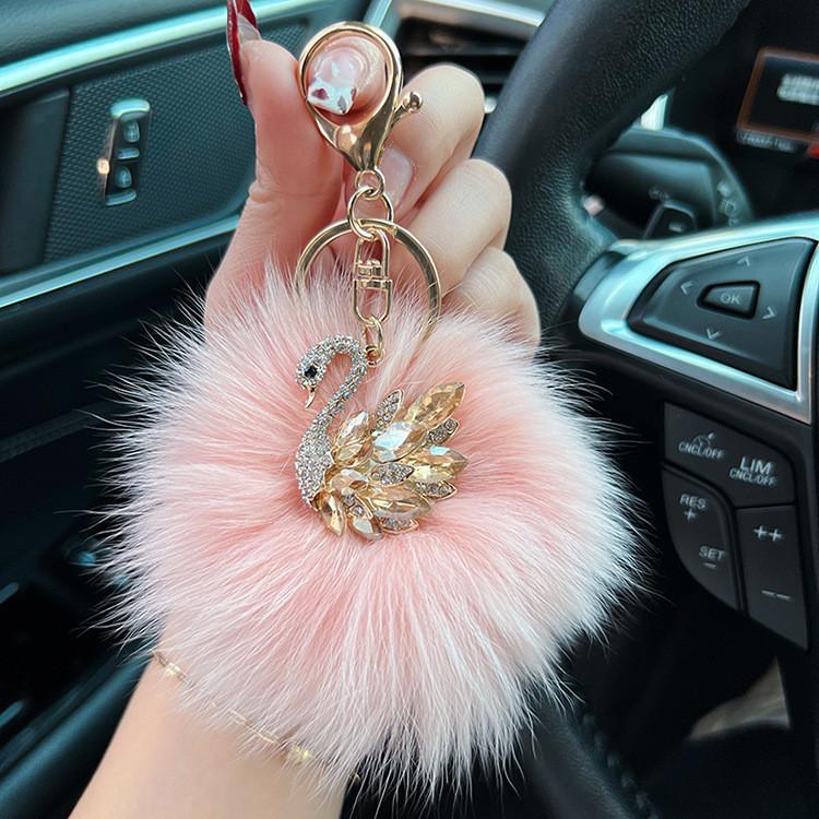 Crystal Swan Creative Fox Fur Car Keychain Exquisite Chic Keyring Bag Pendant