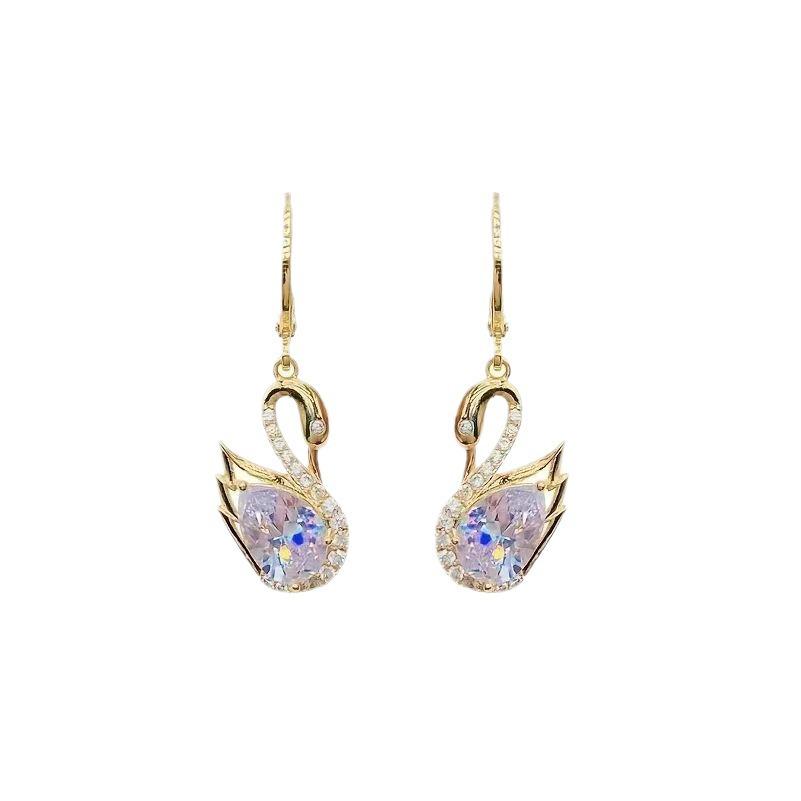 Luxurious European & American-Style Zircon Swan Pendant Earrings with Copper Inlay - High-End Animal Design.
