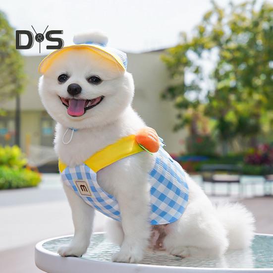 Conjunto de 3 peças para filhotes de verão, chapéu de sol ajustável, arnês e guia com decoração de pelúcia de desenho animado para gatos e cães de pequeno e médio porte