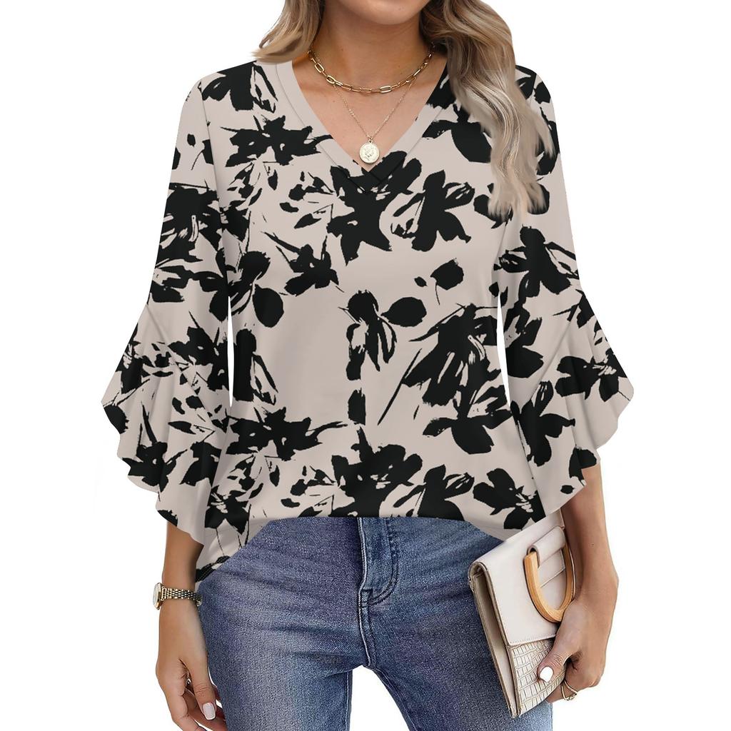 Blouses For Women Dressy Casual 3/4 Length Sleeve Womens Tops V Neck Tshirts Shirts With Flared Sleeve