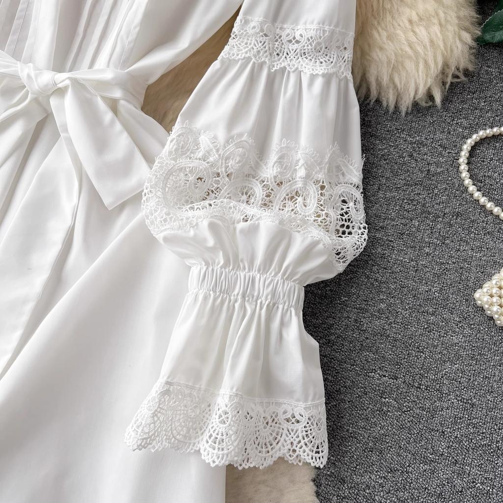 Frühling Herbst Aushöhlen Spitze Patchwork Lose Urlaub Am Meer Kleid frauen V-ausschnitt Lange Flare Hülse Gürtel Einfarbig party Kleider