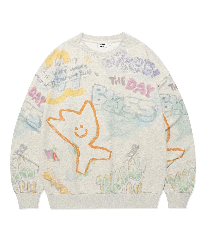WACKY WILLY Graffiti Graphic Sweatshirt Oatmeal
