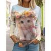 Christmas Cute Cat Women's Long Sleeve T-shirt Round Neck Autumn Animal Clothing Festival Fashion Party T-shirt Top