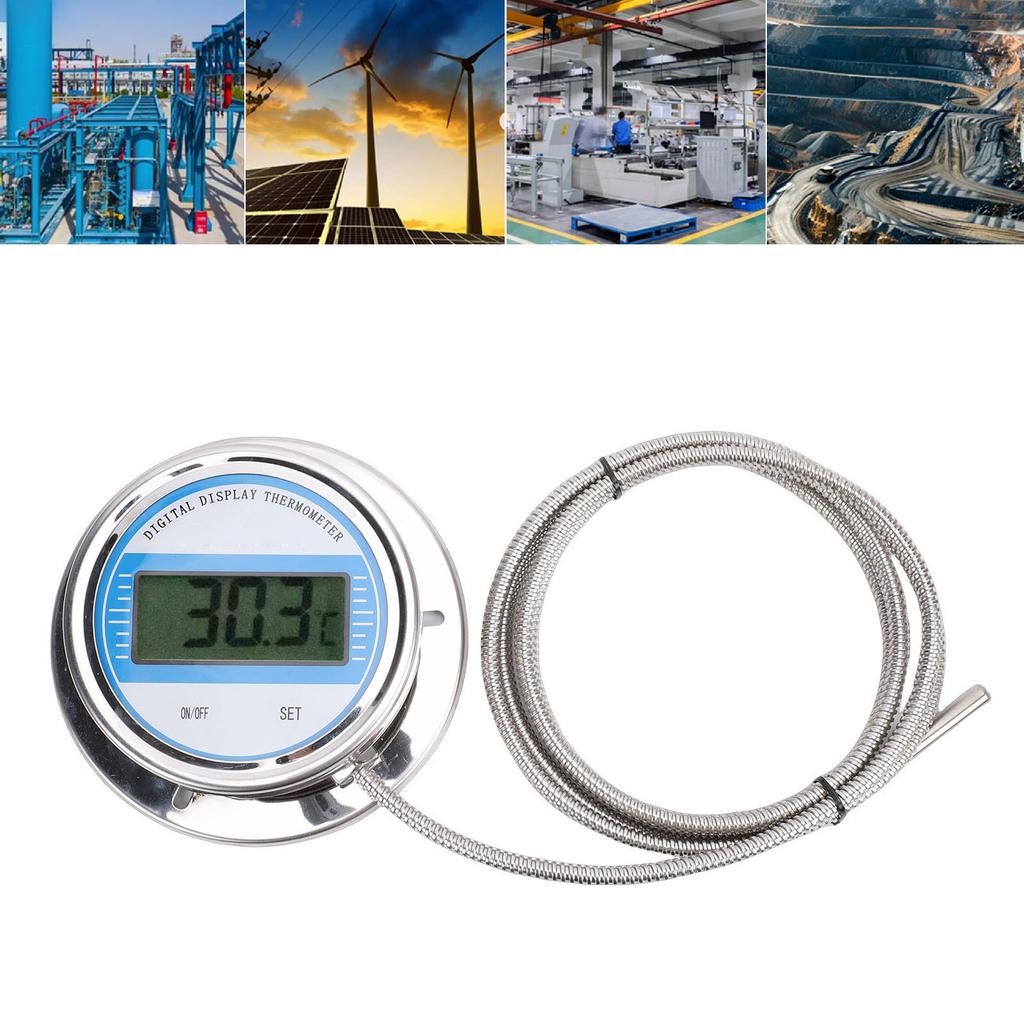 Digital Thermometer with 2M Threaded Probe Stainless Steel Temperature Meter for Cooking Stove Pipe Industrial Use -50 To 200 Celsius