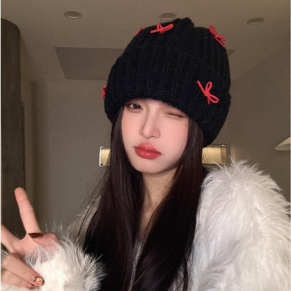 Cold-proof Bow Knitted Hat Korean Style Bow Winter Hat Warm Pullover Hat  Autumn
