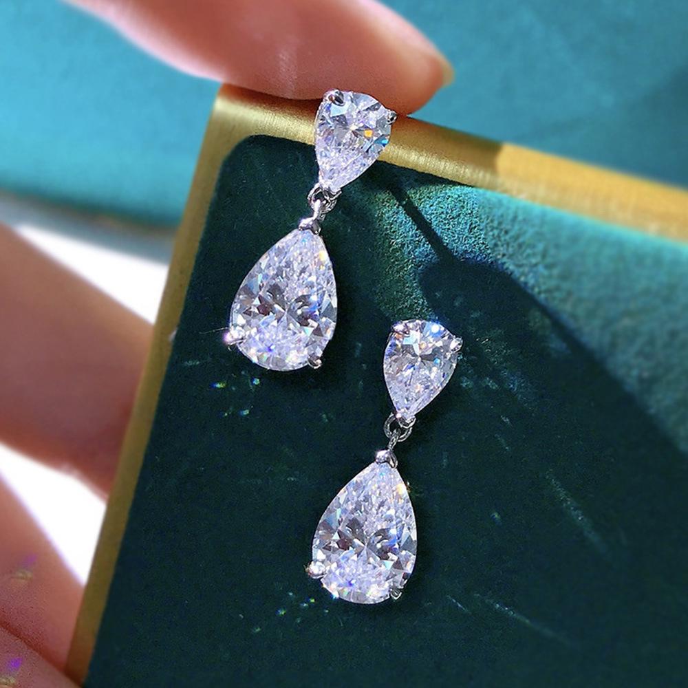 Cao Shi 2023 Zircon Teardrop Dangle Earrings - Elegant Pear-shaped Design for Women