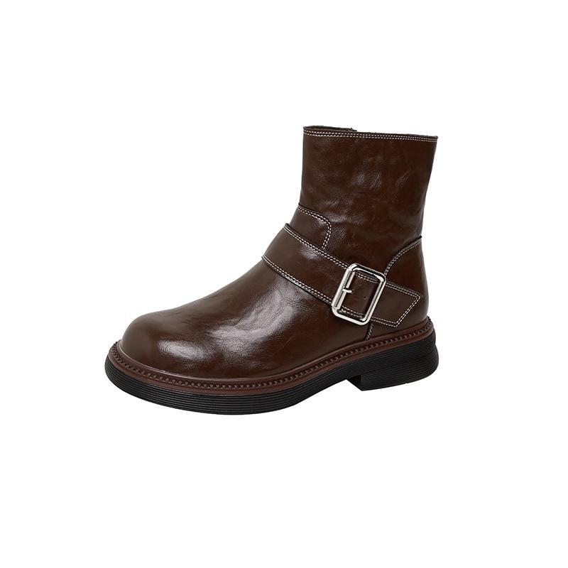 

Cowhide version, washed horse leather, round head, thick heel, locomotive short boots, belt buckle, medium tube boots, women s 2025 autumn and wi 40