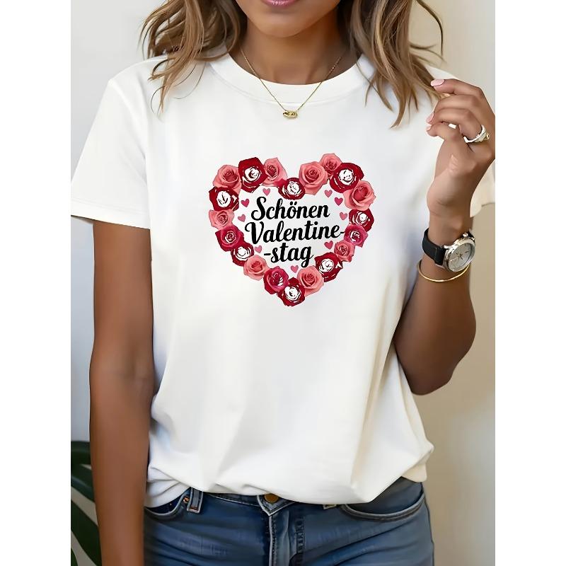 

European Size Ladies Crew Neck Short Sleeve T-Shirt, Rose Heart Valentine Print, Soft Breathable Fabric, Spring Summer Fall Wear 4XL