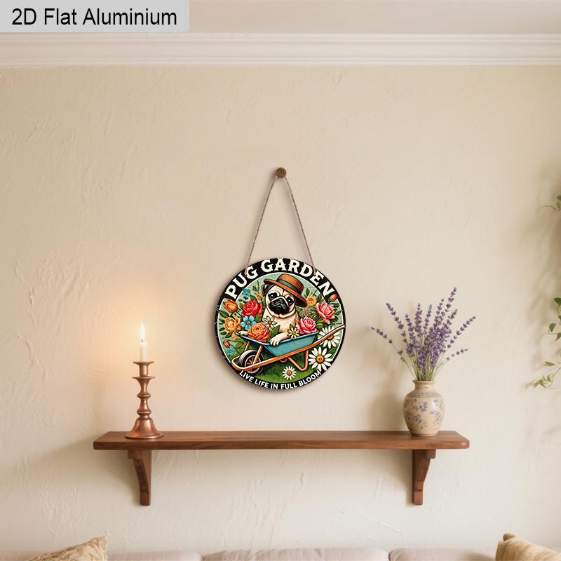 2D Flat 1pc Humorous Garden “PUG GARDEN” Aluminum Sign Round Decorative Hanging Ornament, Home Kitchen Garden Balcony Fence Decor, Gardening Studio