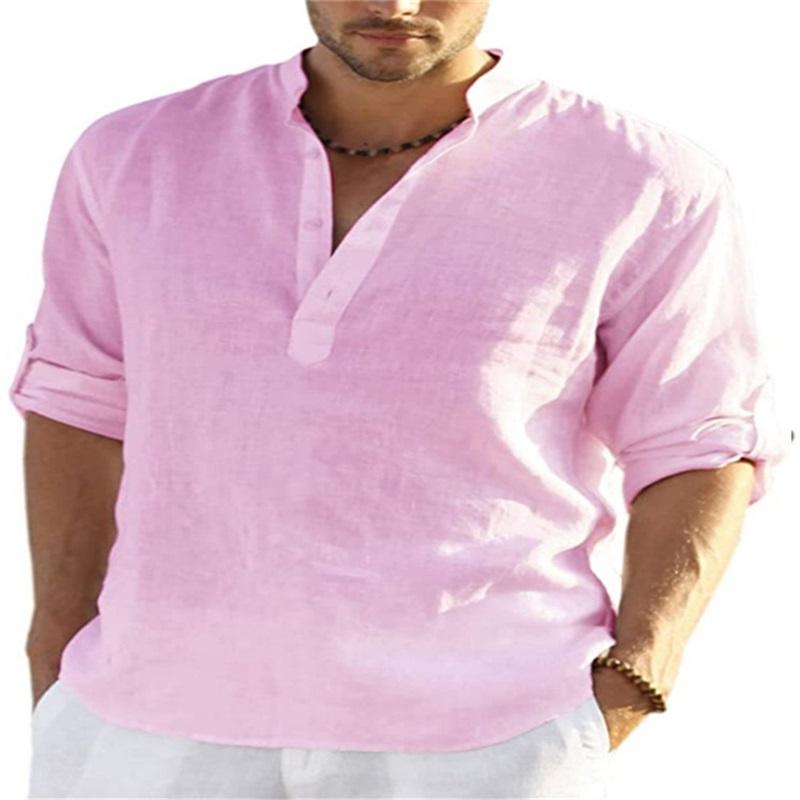 Men's Casual Cotton And Linen Solid Color Long-sleeved Shirt Loose Stand-up Collar Shirt Men
