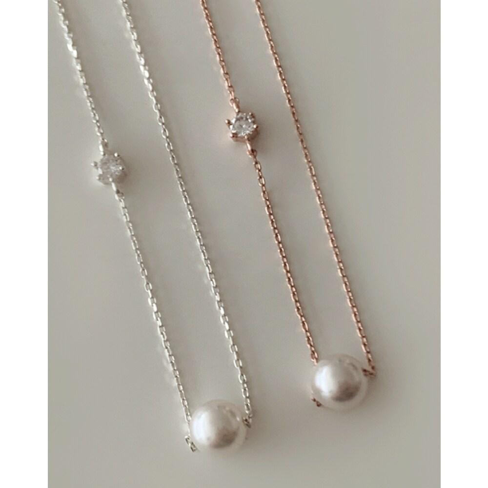 [925 Silver] Pearl Cubic Necklace A 34
