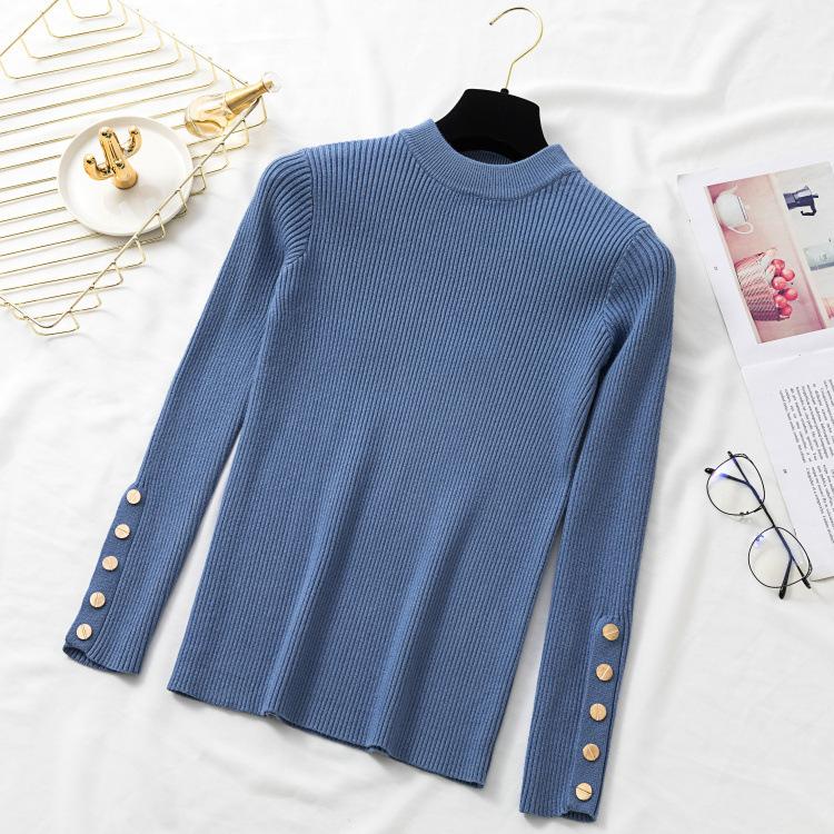 Women Thick Sweater Pullovers Khaki Casual Autumn Winter Button O Neck Chic Sweater Female Slim Knit Soft Jumper