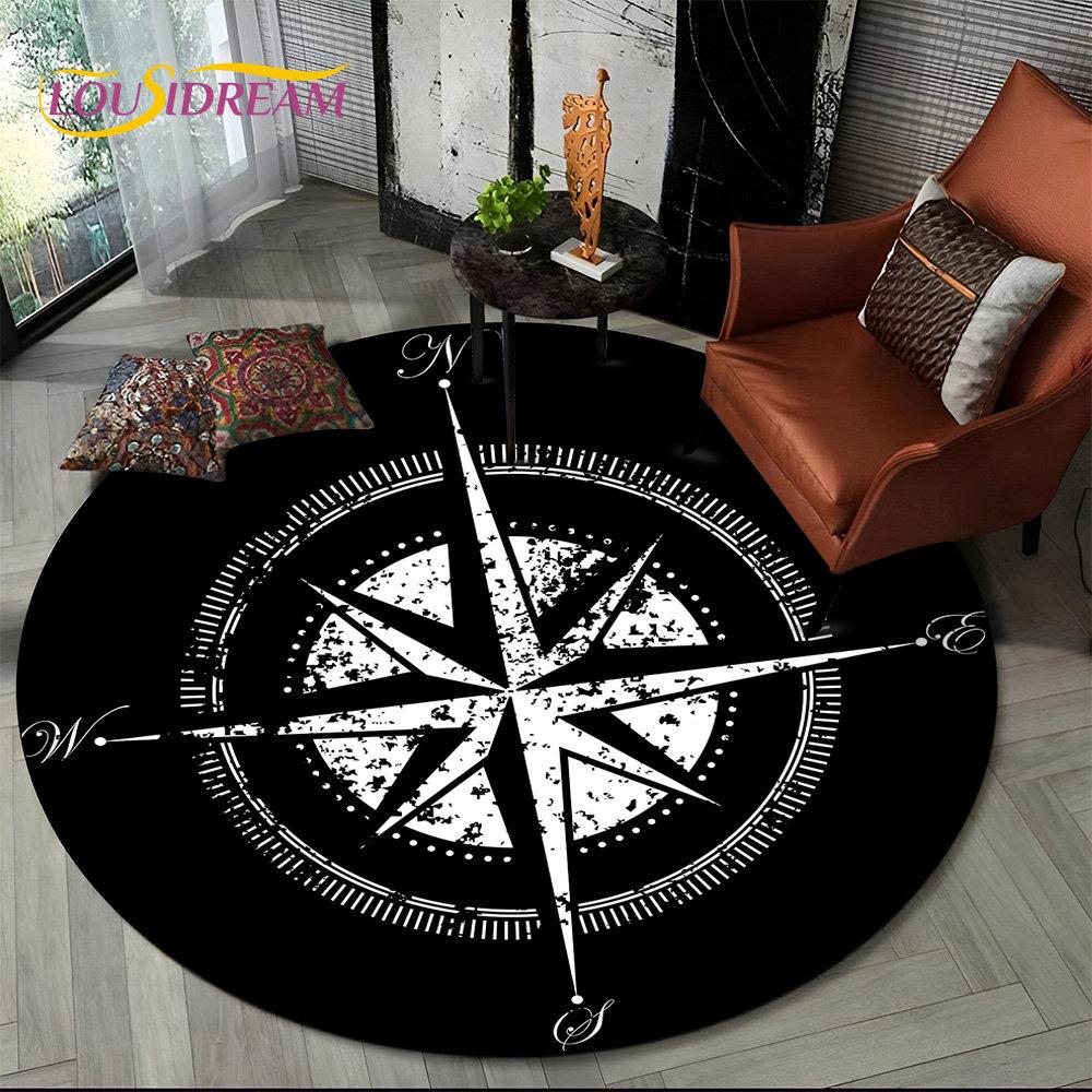3D Retro Compass Series Circle Area Rug,Round Carpet Rug for Living Room Bedroom Sofa Foot Pad Decor Non-slip Floor Mat Gift
