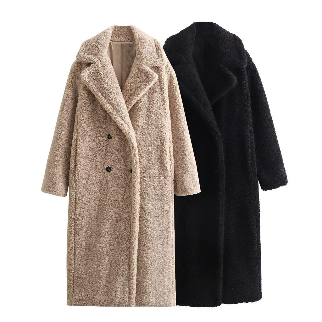 Winter Damen Lässig Uni Mantel Zweireihiger Fleece Mantel Lockere Passform Langer Mantel Damen Vintage Übergroße Lange Jacke