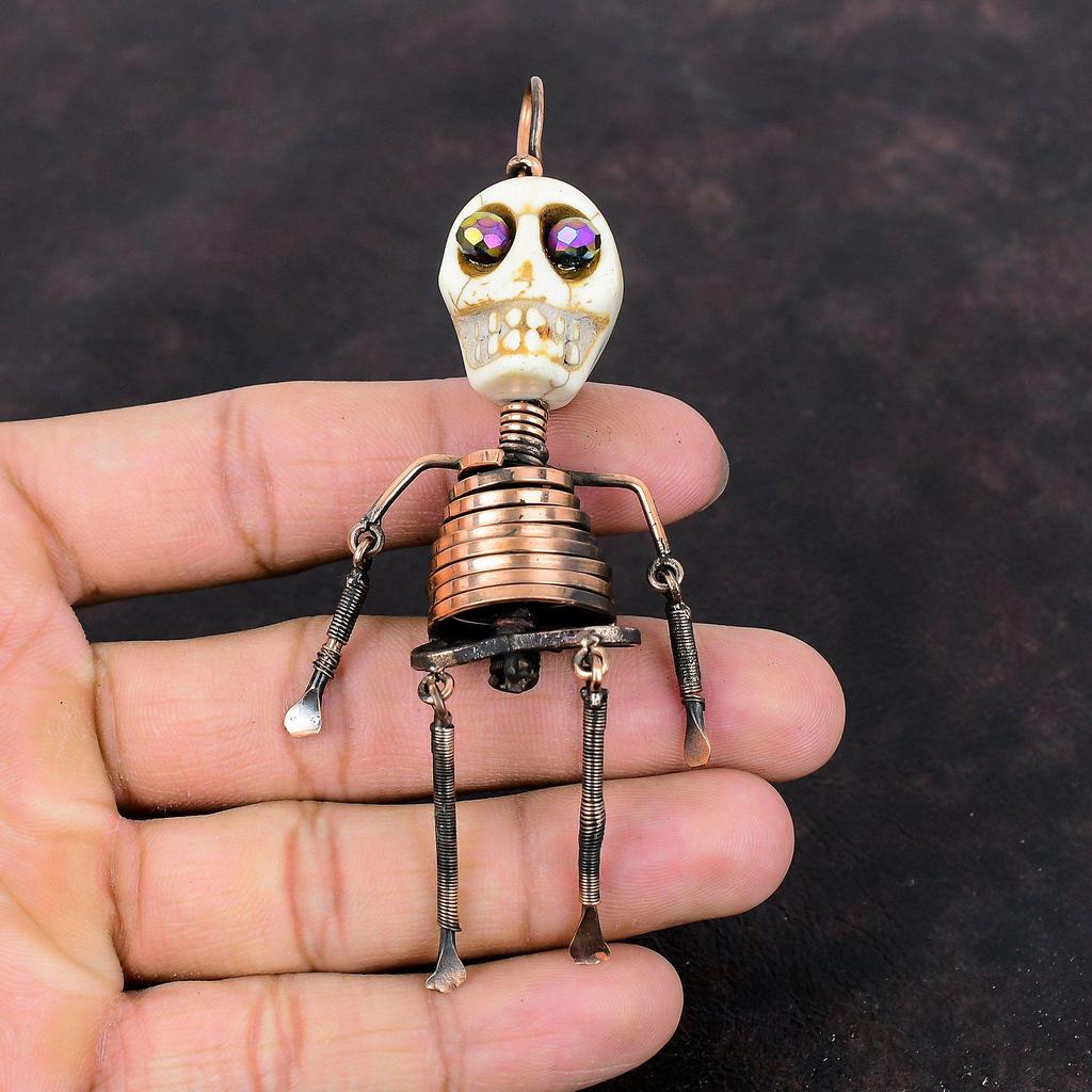 Howlite Pendant Copper Wire Wrapped Pendant Titanium Bead Eyes Pendant Skeleton Pendant Handmade Gemstone Jewelry Skull Bone Face Pendant