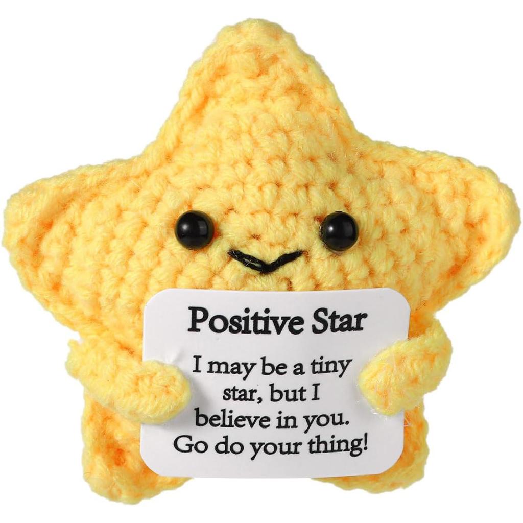 Funny Positive Crochet Star Doll Desktop Ornament Handmade Cheer Emotional Support Positive Star with Card Home Party Decoration
