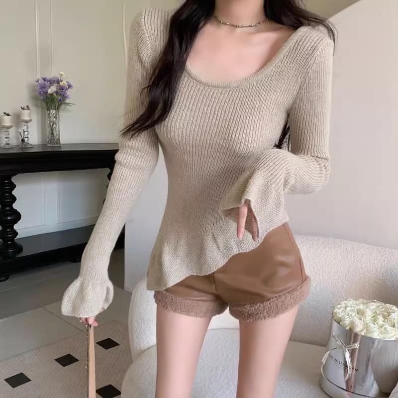 2025 Autumn/Winter PU Leather Patchwork Furry High-Waisted Slimming Women's Shorts