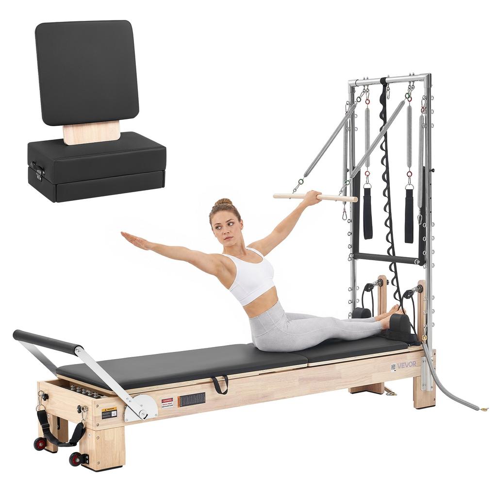 VEVOR Pilates Reformer with Tower 2.4 m Pilates Machine 181 kg Rubberwood, for Home Use and Gym Workout, with Jump Board, Springs, Sitting Box