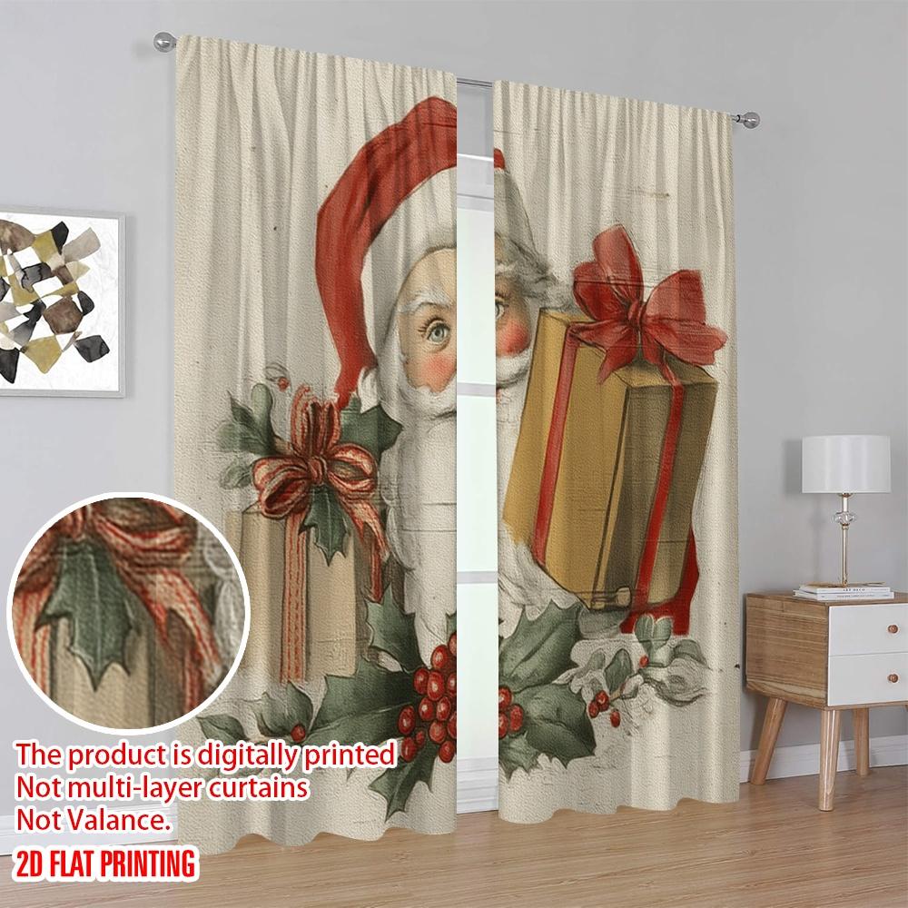 2pcs,2D Plane Printing Contemporary Curtains Vintage Santa Claus Polyester Fabric (without Rod) Outdoor Decorations for Bedroom,