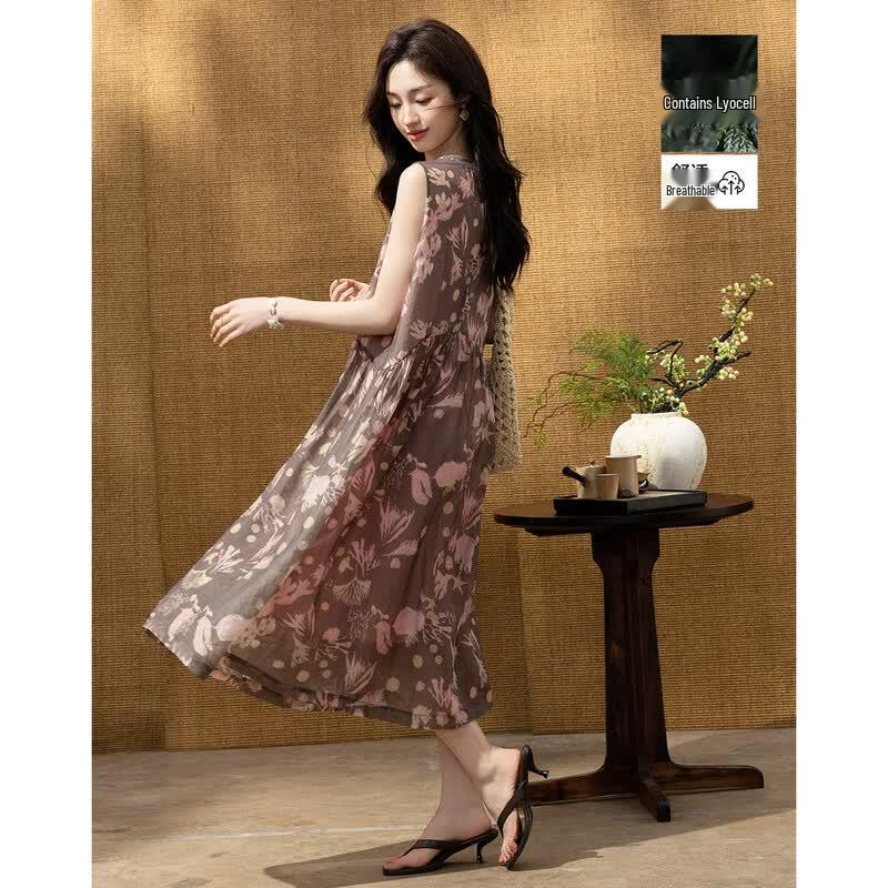 De Mana Elegant Lyocell Ruched Sleeveless A-Line Dress XL