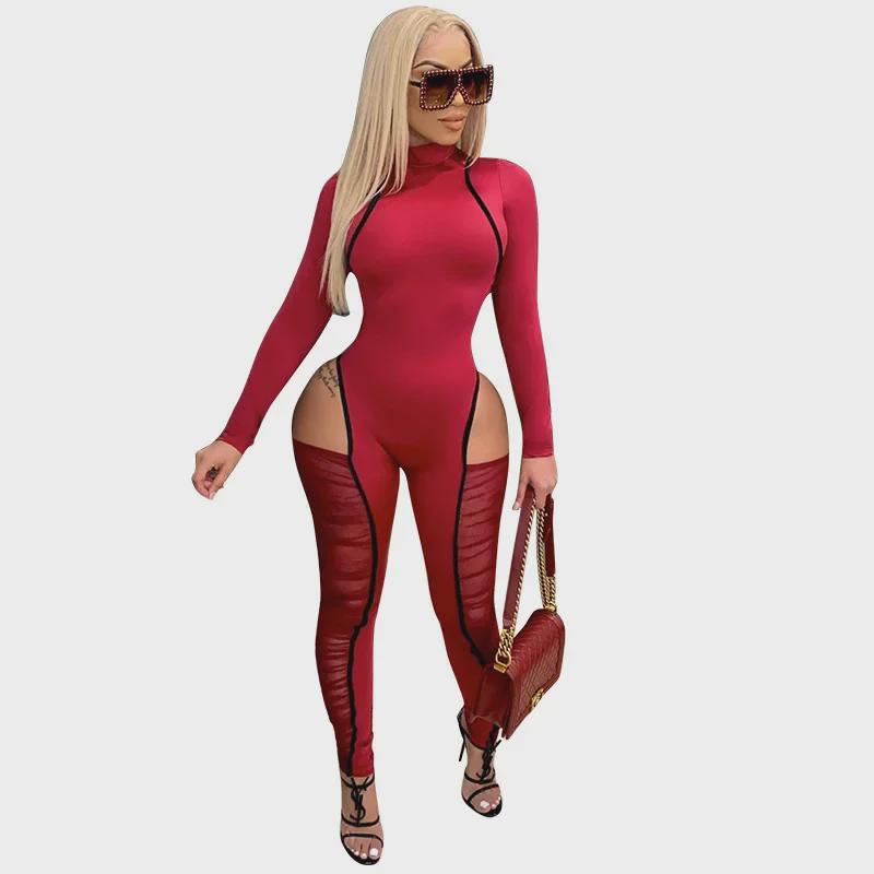 K9790 Sexy Contrast Color Mesh Splicing Jumpsuit for European and American Fashion