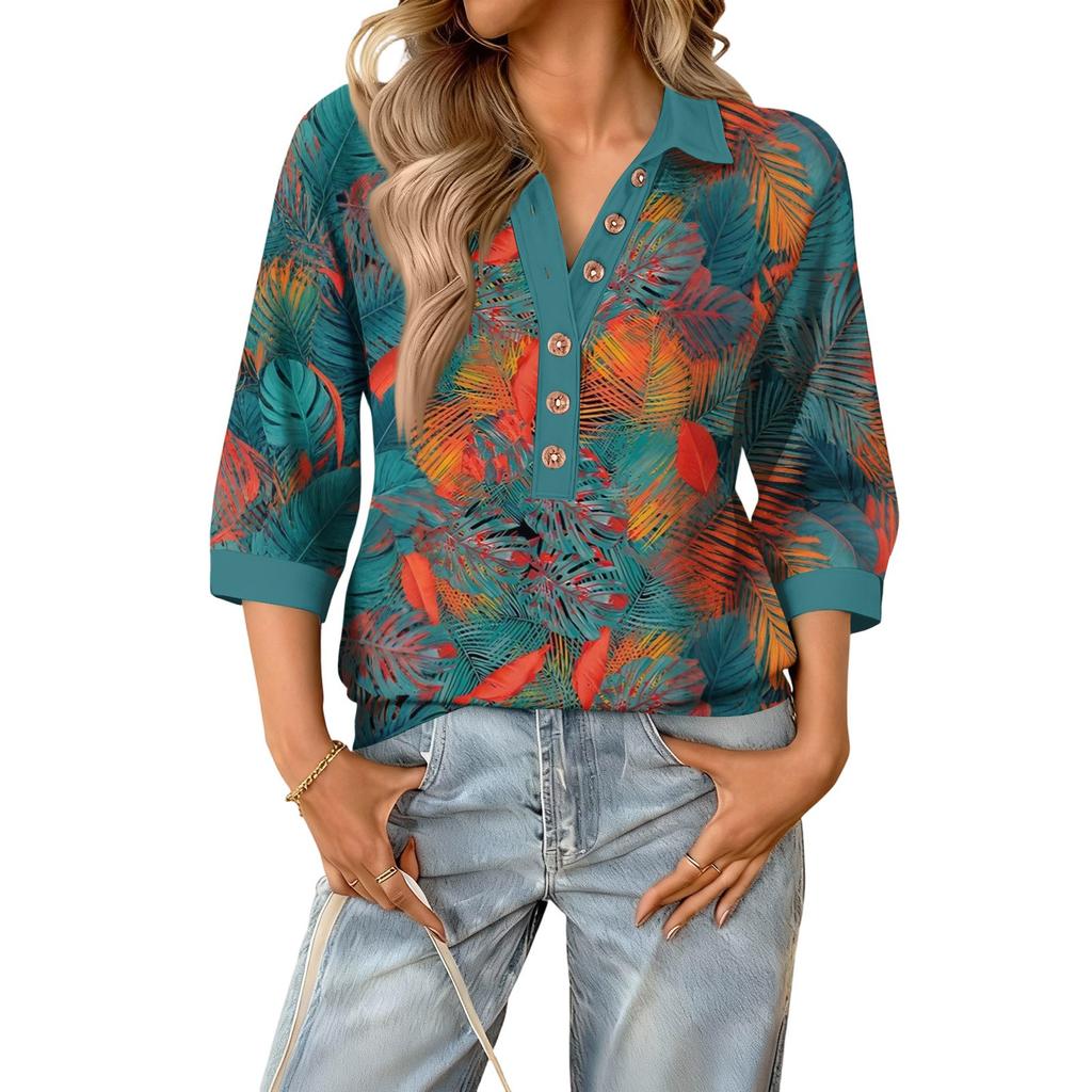 Women's fashionable and casual summer V-neck patchwork three-quarter sleeve retro top