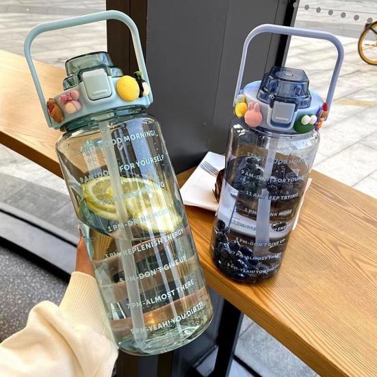 2000ML Large Capacity Water Bottle with Straw Heat-Resistant Leakproof Transparent Portable Outdoor Fitness Sports Travel Drinking Cup
