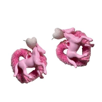Elegant Youthful Pink Heart Horse Ear Clips/Ear Studs Handmade Animal Earrings Accessories for Students and Teens