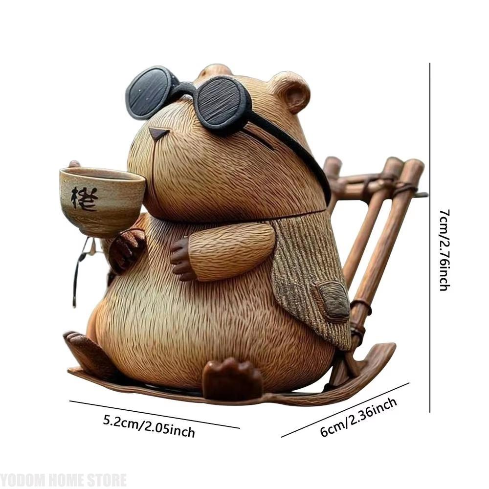 Lovely Tea Drinking Capybara Resin Statue, Small Animal Ornament for Bookshelf, Windowsill Household Display