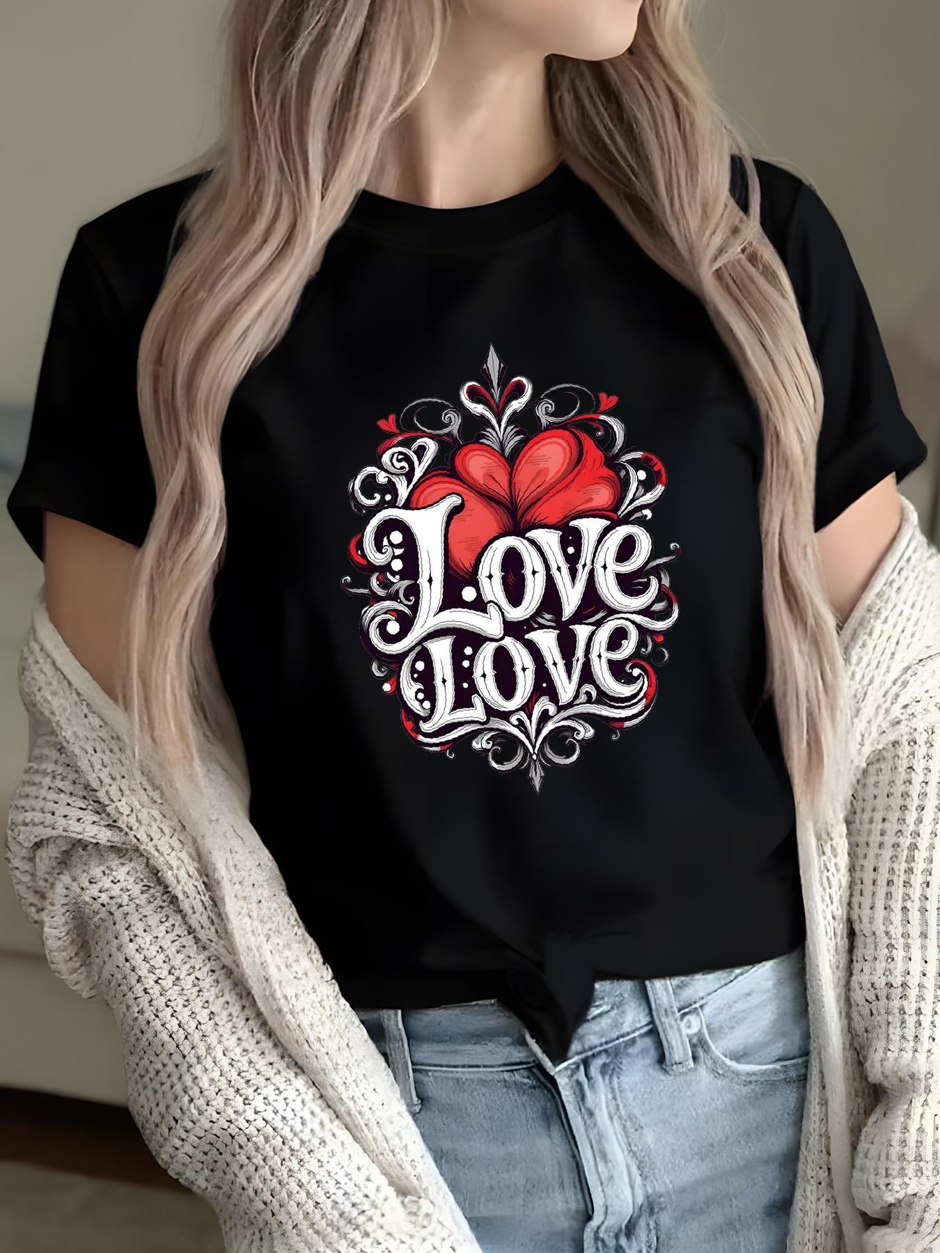 Womens RoUnisextic Love Heart Love Lettering TShirt Comfort Fit Short Sleeve Crew Neck Top with Red Black Swirl Heart Print S