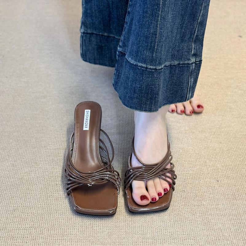 Fashion Summer 2025 New Women Sandals Fashion Thin Heels Party Sandals Mules Shoes Concise Narrow Band Women Slippers Sandalias De Mujer