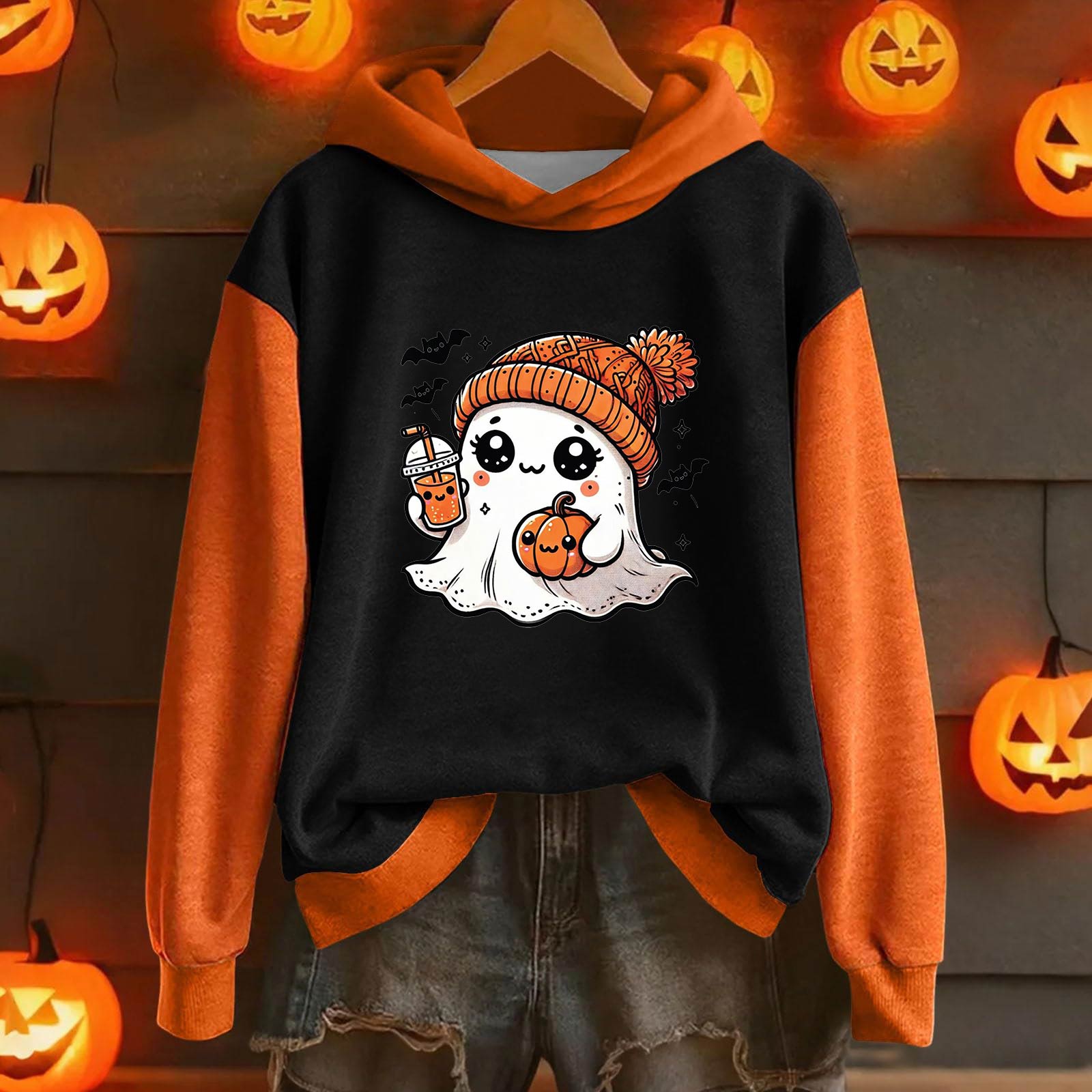 

Ladies Casual And Fashionable Halloween Printed Long Sleeved Hooded Warm Shirt Loose And Comfortable Hoodie L чорний