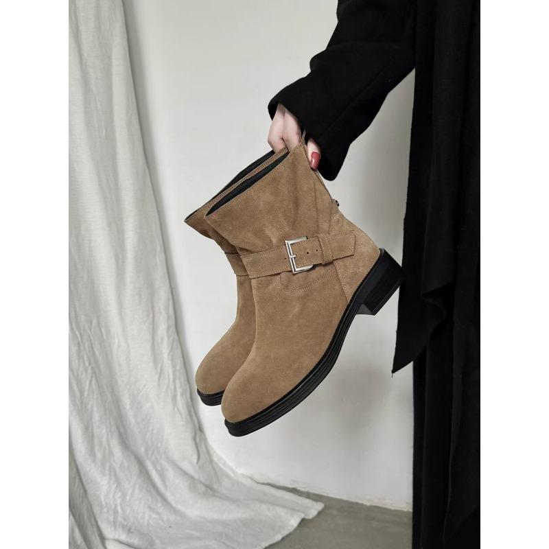 Korean Version of Maillard Leather Matte Round Head Thick Heel Wide Tube Belt Buckle Martin Boots Women's Autumn and Winter Cowboy Boots Short Boots