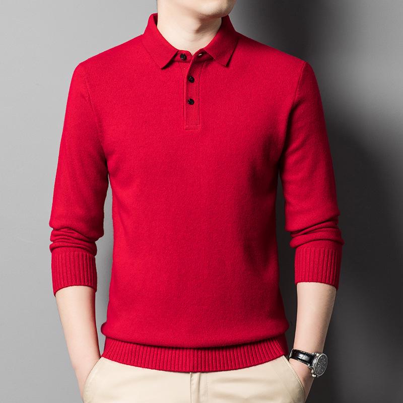 Men's 100% Pure Wool 9-Pin Lapel Sweater, 430g Thickened Base Layer for Middle-Aged Business Casual, Plain Knit.