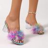 2025 Summer Crystal Women's Slippers Outdoor New Open Toe Best Seller Feather Plus Size Color Matching High Heelszapatos