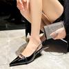 Fashion Elegant Socialite Style High Heel Cropped Studded Patent Leather Sandals with Single Strap Round Toe Sharp Heel Niche Design