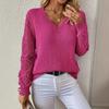 Women V Neck Long Sleeve Knit Sweater With Hollow Out Sleeves Casual Pullover