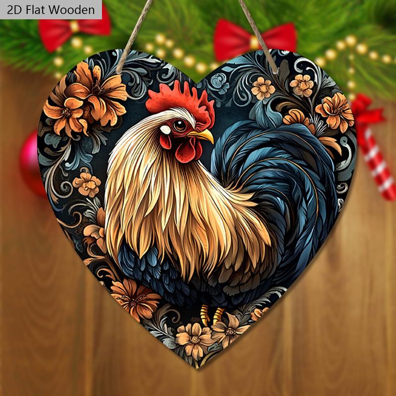 Heart-shaped Wooden Sign with Rooster Pattern, Decorative Plaque & Sign for Front Door Wall Hanging Decor, Ideal Home Hanging Decoration