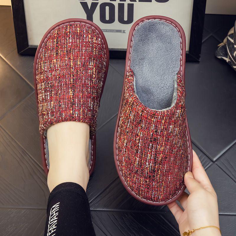 Linen surface breathable autumn and winter velvet warm men and women couples elderly home cotton slippers indoor thick bottom non-slip