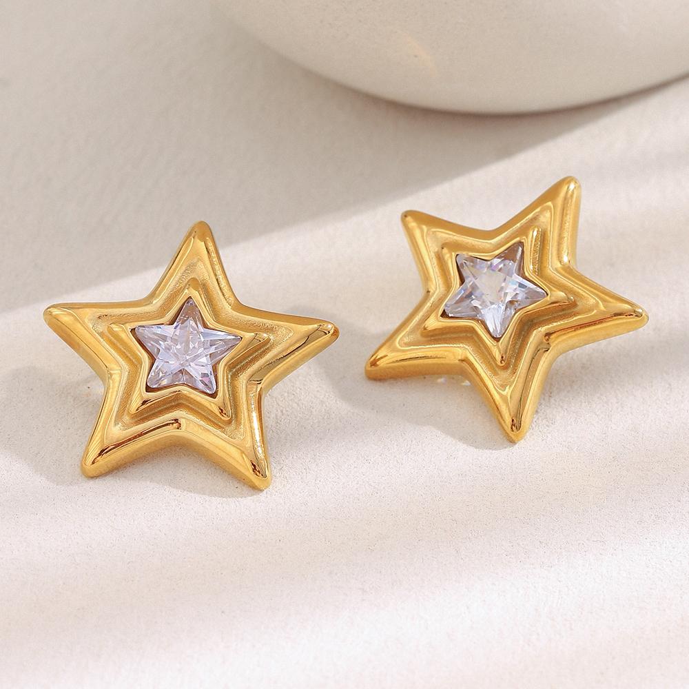 E.B.belle Women's Fashion Party Clear Zircon Star Stud Earrings 18K Gold Plated 316L Stainless Steel Statement Ear Jewelry