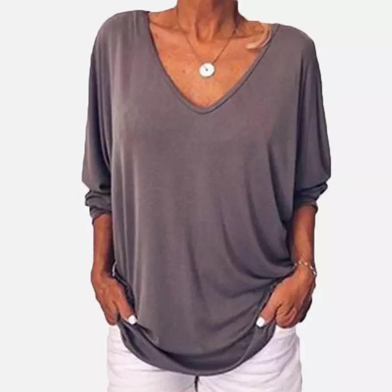 women's Loose Batwing 3/4 Sleeve V Neck Button Decor Casual Tunic Top Oversized Blouse