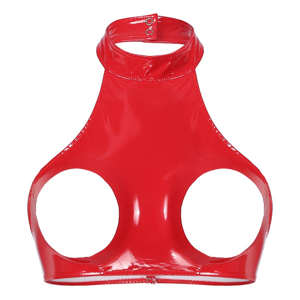 Sexy Women Wet Look Leather Cupless Cage Bra Top Sleeveless Halter Neck Backless Open Bust Crop Tank Tops Lingerie
