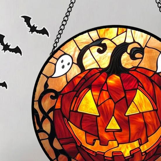 Halloween Suncatcher Decoration Spider Pumpkin Bat Witch Broom Ghost Stained Glass 2D Flat Acrylic Wall Window Hanging Sign Ornament