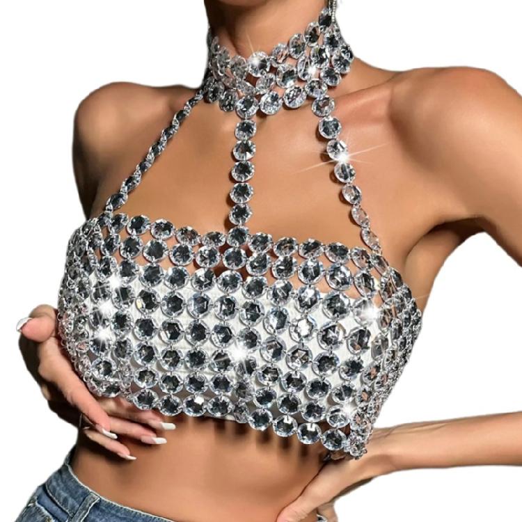 Rhinestones Diamond Body Chain Bra for Women Crystal Backless Chest Chain Halterneck Mesh Crop Top Harness Body Jewelry серебряный