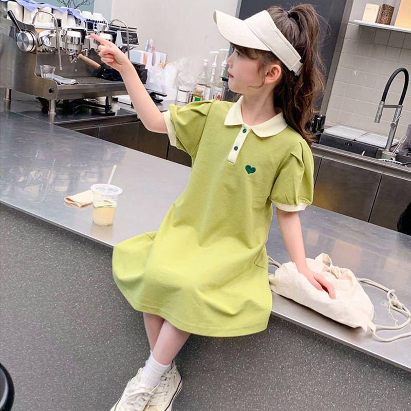 Girls Summer Heart Print Polo Dress Korean T Shirt Dress for Kids