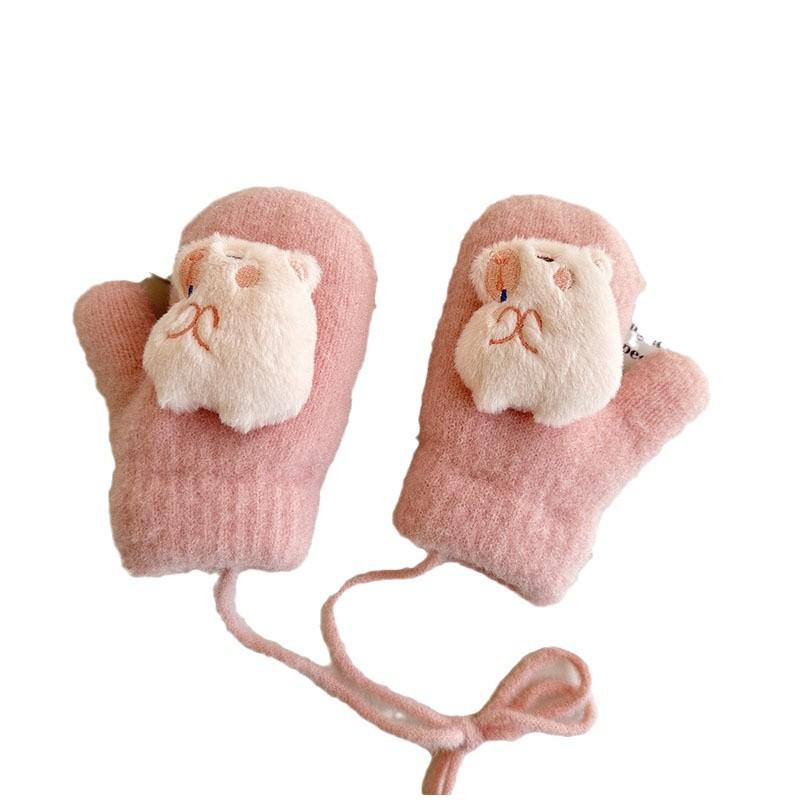 New Children's Gloves Autumn and Winter Korean Cartoon Cute Kapibara Velvet Thickened Warm Baby Gloves
