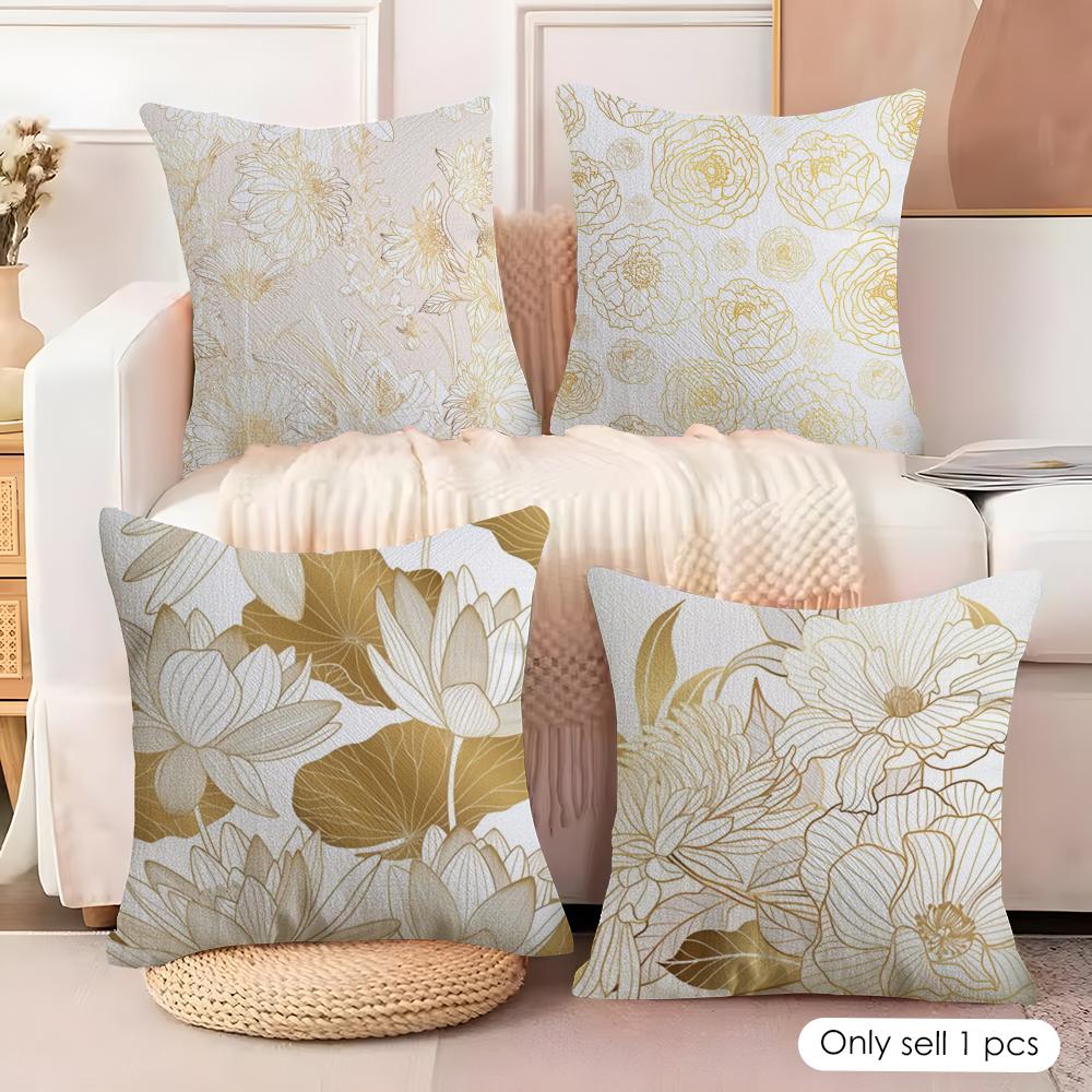 Golden Flower Cushion Cover Natural Linen Organic Fabric DoubleSided Printing Couch Pillow Covers Home Decor Gift